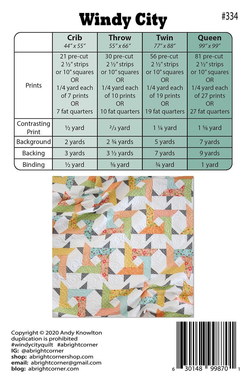 Windy City Quilt Pattern by A Bright Corner Quilts AKBC-334, 4 sizes