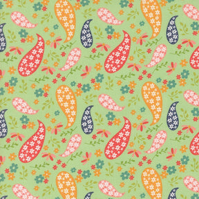a green background with colorful flowers and birds