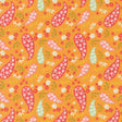 an orange background with a pattern of birds and flowers