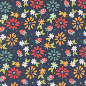 a pattern of flowers and leaves on a blue background
