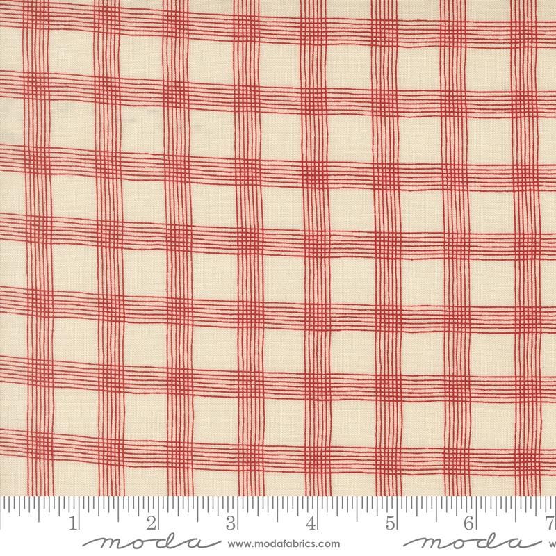 a red and white checkered fabric with a ruler