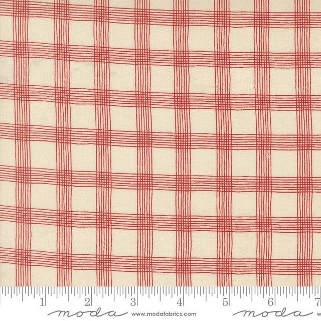 a red and white checkered fabric with a ruler
