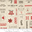 a white fabric with red and black words on it