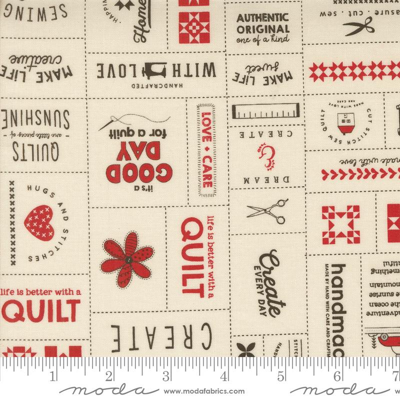 a white fabric with red and black words on it