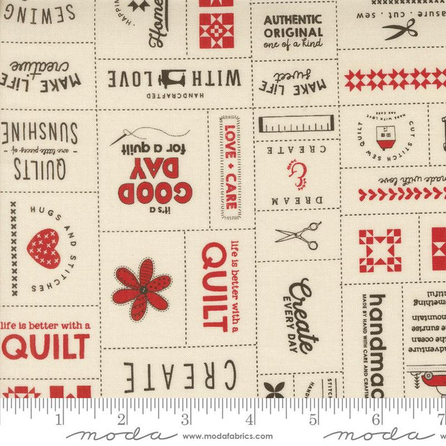 a white fabric with red and black words on it