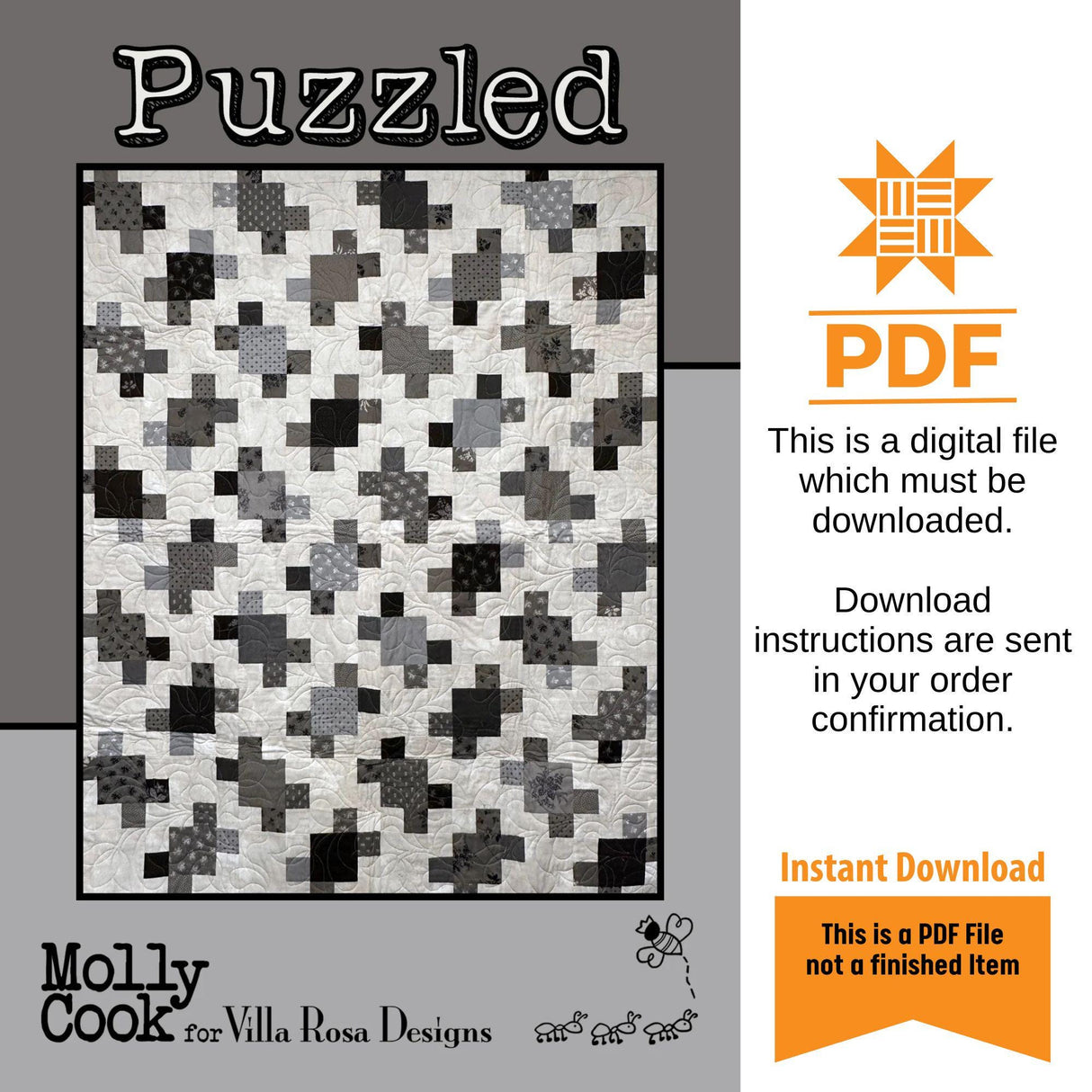 Puzzled Quilt Pattern Only - INSTANT DIGITAL DOWNLOAD - From Molly Cook for Villa Rosa Designs Size 50" x 62"