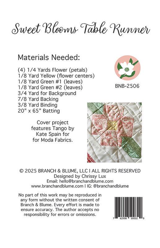 Sweet Blooms Table Runner Pattern BNB 2506 by Chrissy Lux for Branch and Blume 16.5"x 54.5"