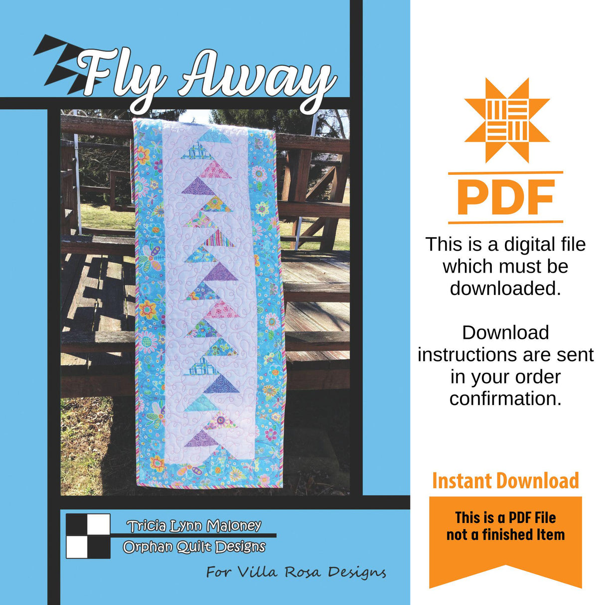 Fly Away Table Runner Pattern Only - INSTANT DIGITAL DOWNLOAD - From Orphan Quilts for Villa Rosa Designs 16" x 54"