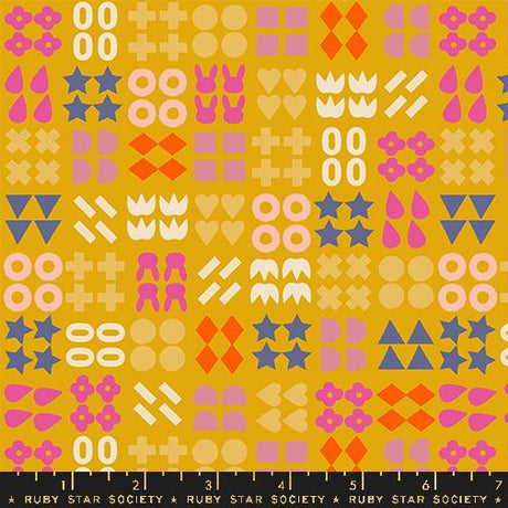 a yellow background with a lot of different shapes