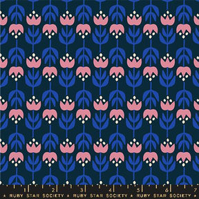 a blue and pink flower pattern on a black background