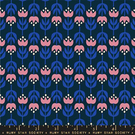 a blue and pink flower pattern on a black background