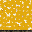a yellow background with white cats and birds