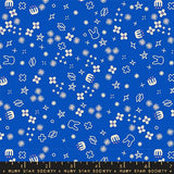 a blue background with white stars and symbols