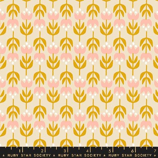 a yellow and pink flower pattern on a beige background
