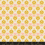 a yellow and pink flower pattern on a beige background