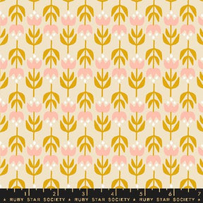 a yellow and pink flower pattern on a beige background