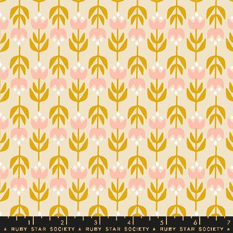 a yellow and pink flower pattern on a beige background