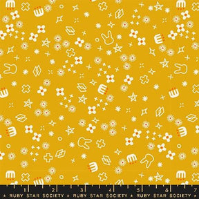 a yellow background with white stars and other symbols