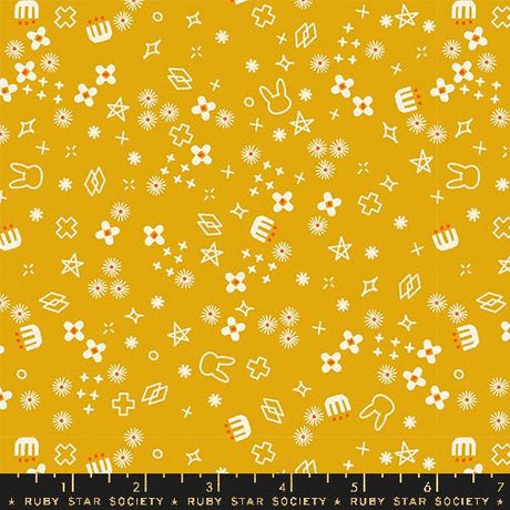 a yellow background with white stars and other symbols