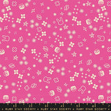 a pink background with white stars and symbols