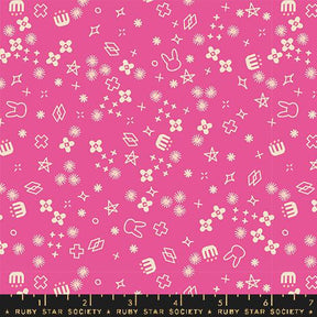 a pink background with white stars and symbols