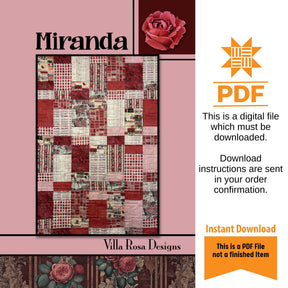 Miranda Quilt Pattern Only - INSTANT DIGITAL DOWNLOAD - By Villa Rosa Designs Size 42" x 60"
