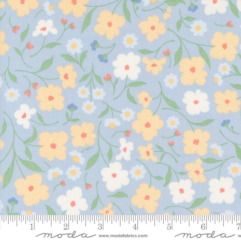 a blue background with yellow and white flowers