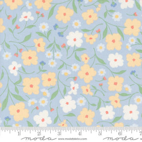 a blue background with yellow and white flowers
