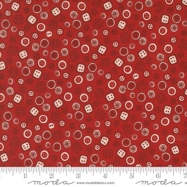 a red background with white circles and dices