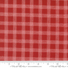 a red and white checkered fabric with a ruler