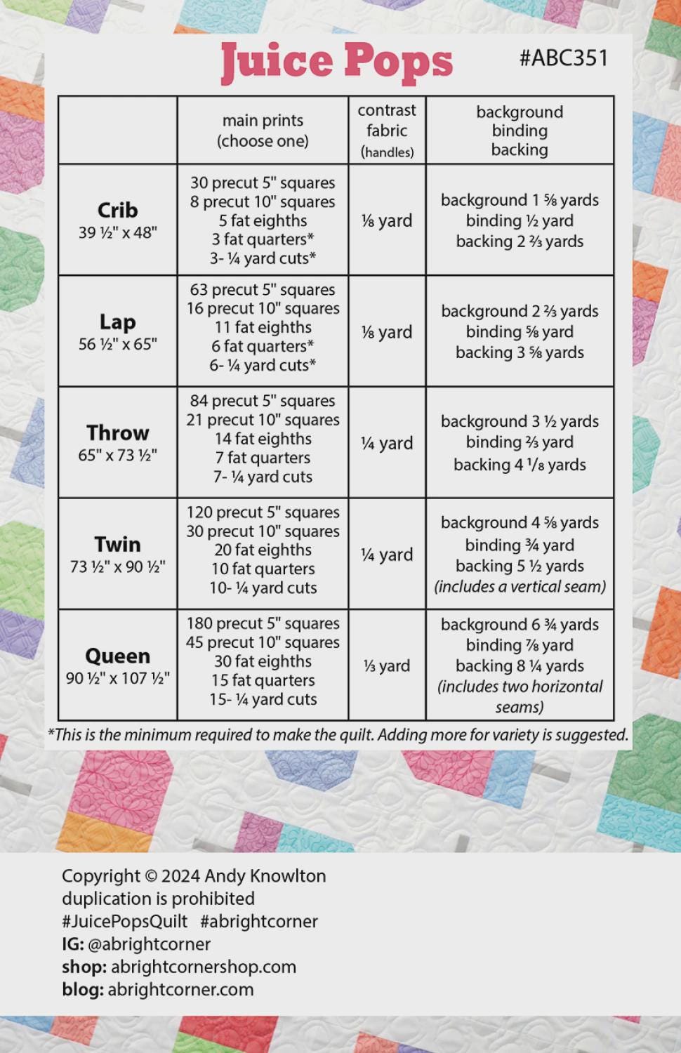 Juice Pops Quilt Pattern AKBC351 Printed Pattern Only by A Bright Corner Quilts, Crib, Lap, Throw, Twin and Queen Quilt Sizes