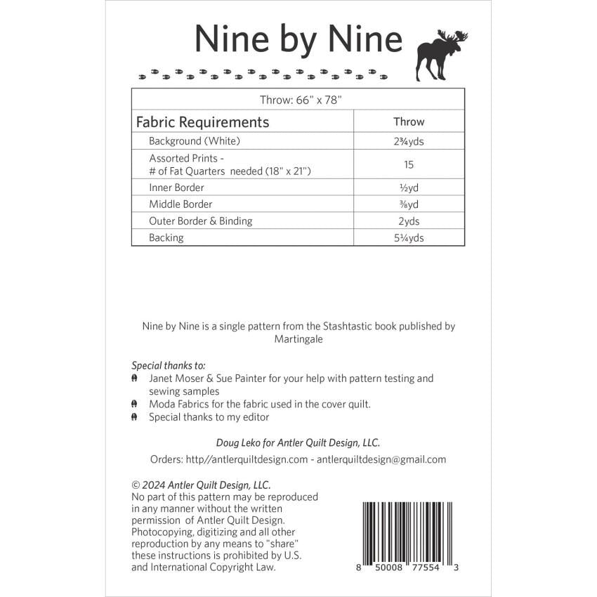 Nine by Nine Quilt pattern AQD 0310 Antler Quilt Design Finished size 68 x 78
