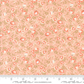 a pink flowered fabric with green leaves and flowers on it