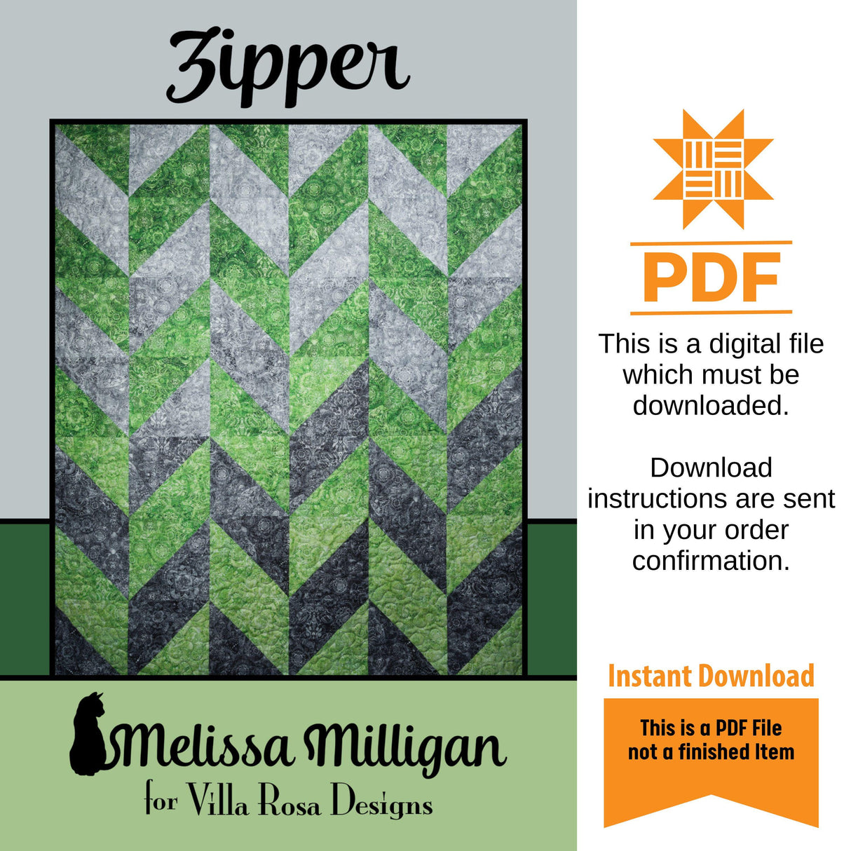 Zipper Quilt Pattern Only - INSTANT DIGITAL DOWNLOAD - By Melissa Milligan for Villa Rosa Designs Size 52" x 70" uses 2 1/2 inch strips