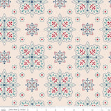 a blue and red flower pattern on a pink background