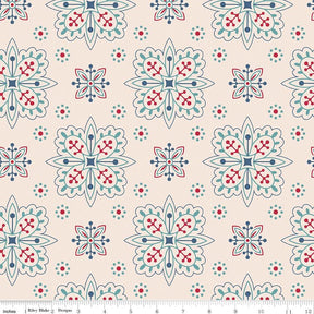a blue and red flower pattern on a pink background