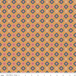 an orange background with blue and pink flowers