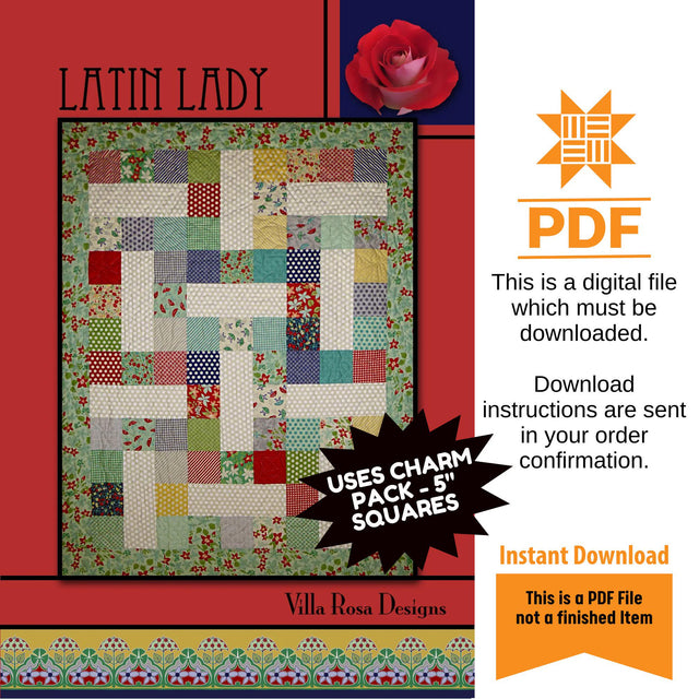 Latin Lady Quilt Pattern Only - INSTANT DIGITAL DOWNLOAD - By Villa Rosa Designs Size 41" x 64" (or 51" x 64" with optional border)