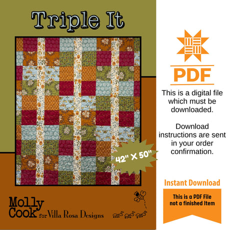 Triple It Quilt Panel Pattern Only - INSTANT DIGITAL DOWNLOAD - From Molly Cook for Villa Rosa Designs Size 51" x 61"