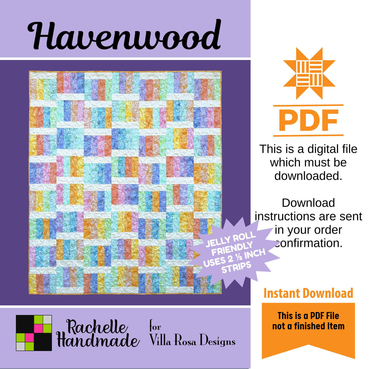 Havenwood Quilt Pattern Only - INSTANT DIGITAL DOWNLOAD - From Rachelle Handmade for Villa Rosa Designs Size 56" x 64"