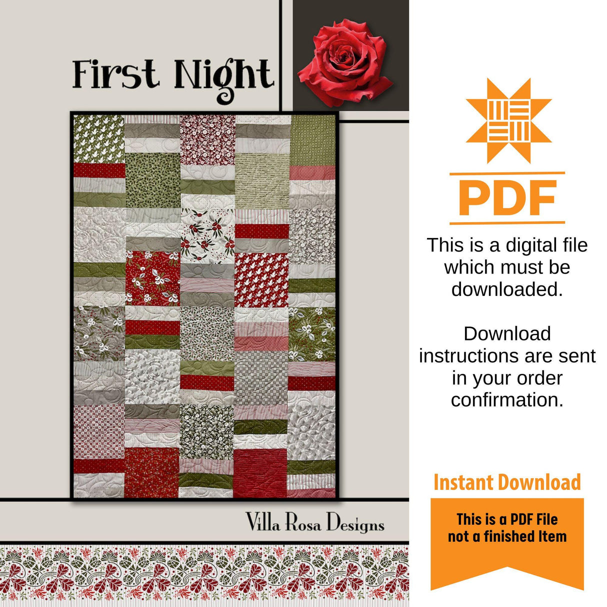 First Night Quilt Pattern - INSTANT DIGITAL DOWNLOAD - From Villa Rosa Designs 48" x 68" uses fat 10 inch squares