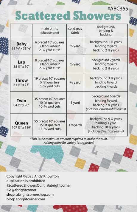 Scattered Showers Quilt Pattern by A Bright Corner Quilts ABC-355, 5 Sizes