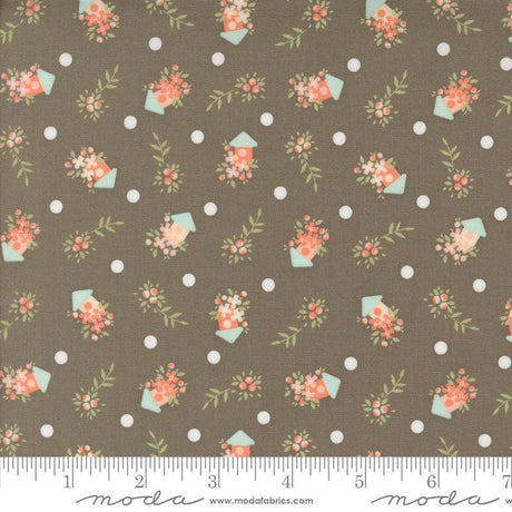 a brown background with flowers and polka dots
