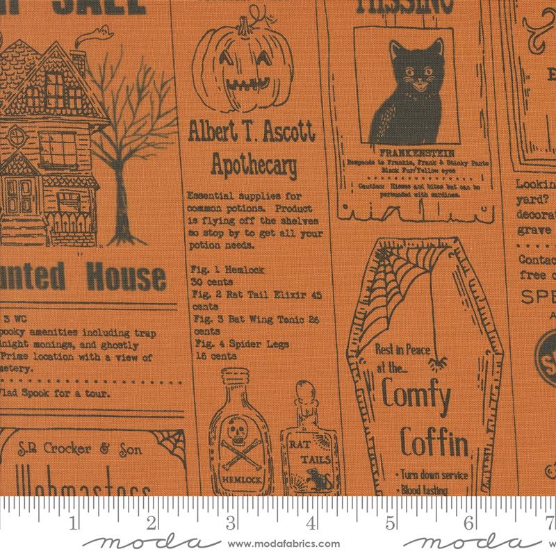 an orange halloween fabric with black cats and pumpkins
