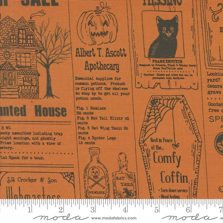 an orange halloween fabric with black cats and pumpkins
