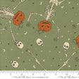a green background with skeletons and pumpkins