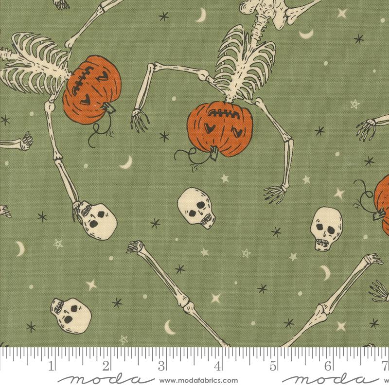 a green background with skeletons and pumpkins