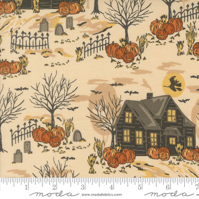 a halloween scene with a house and pumpkins