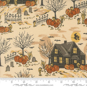 a halloween scene with a house and pumpkins