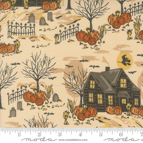a halloween scene with a house and pumpkins